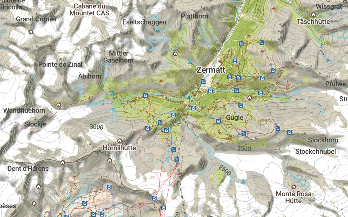 Zermatt in the outdoors style with trails and huts